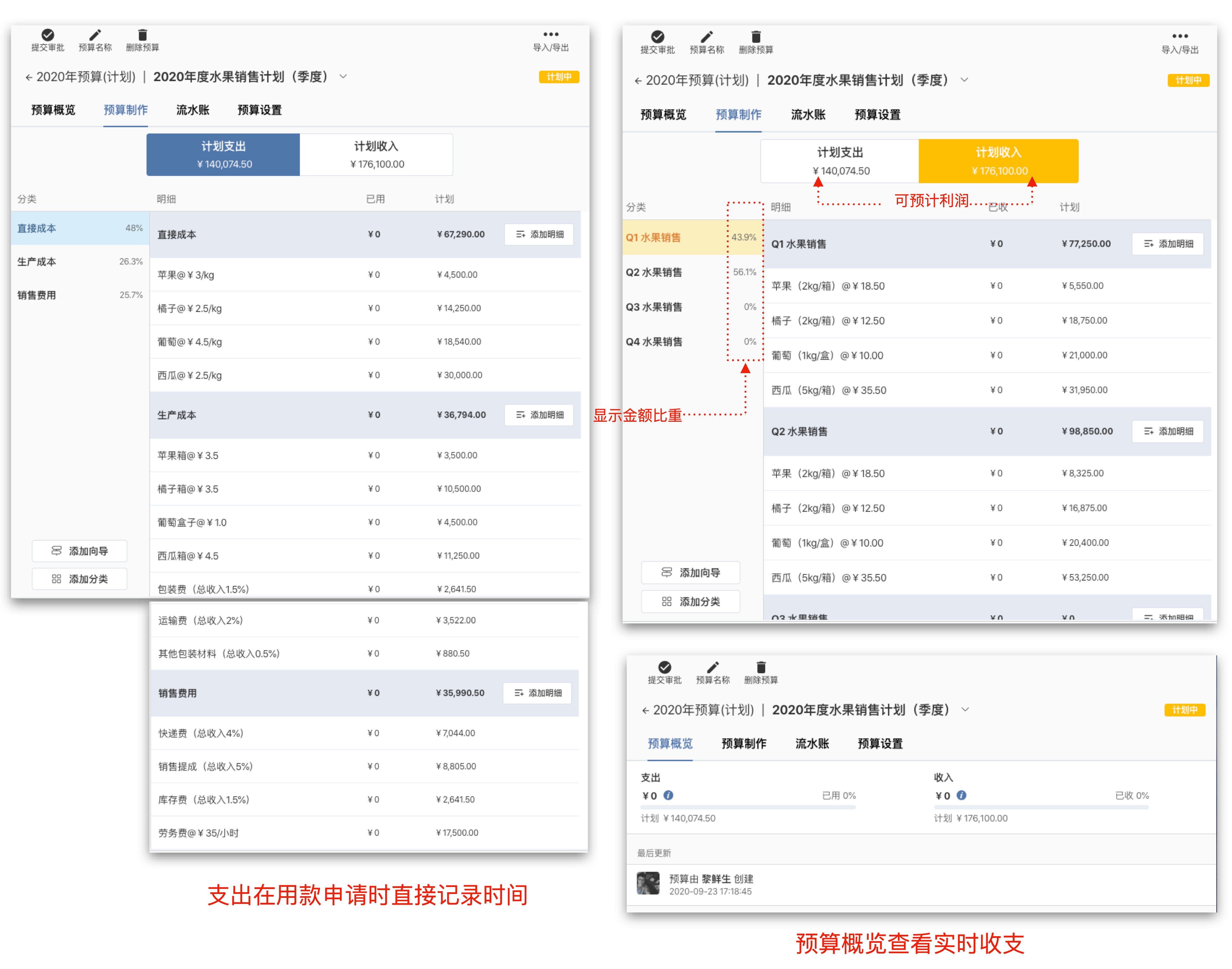 支出在用款申请时直接记录时间,预算概览查看实时收支