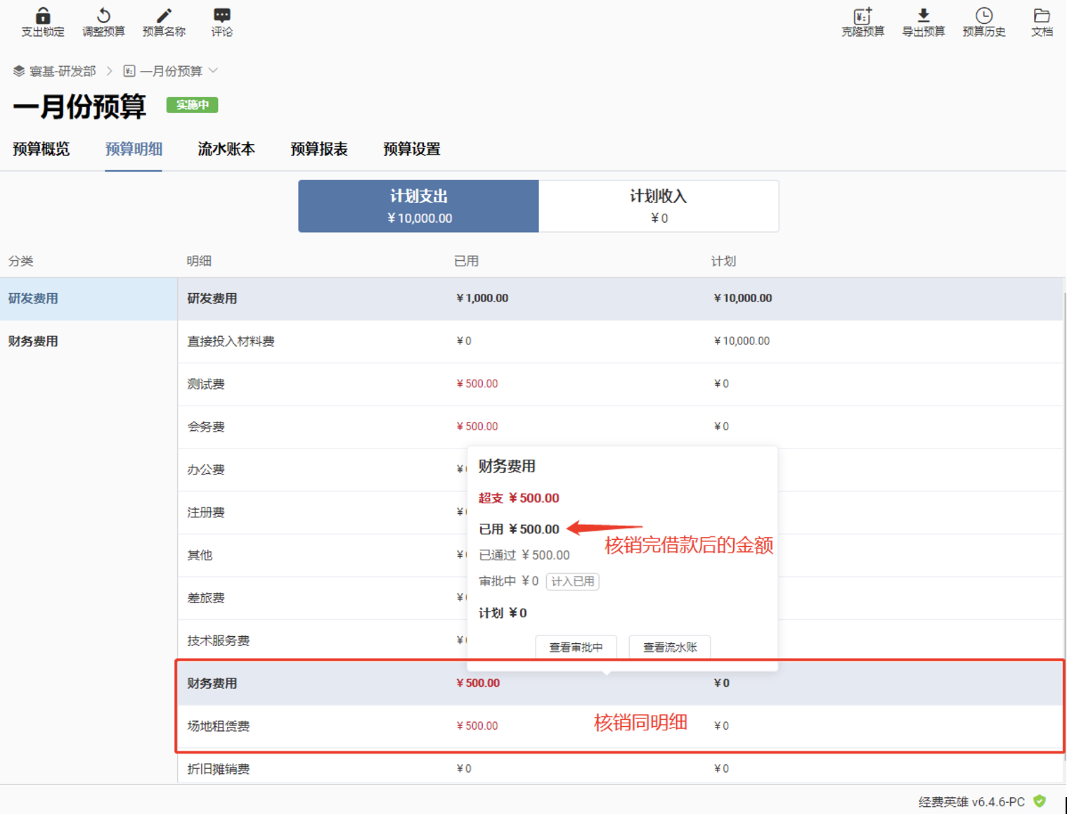 预算前扣设置时的同明细核销