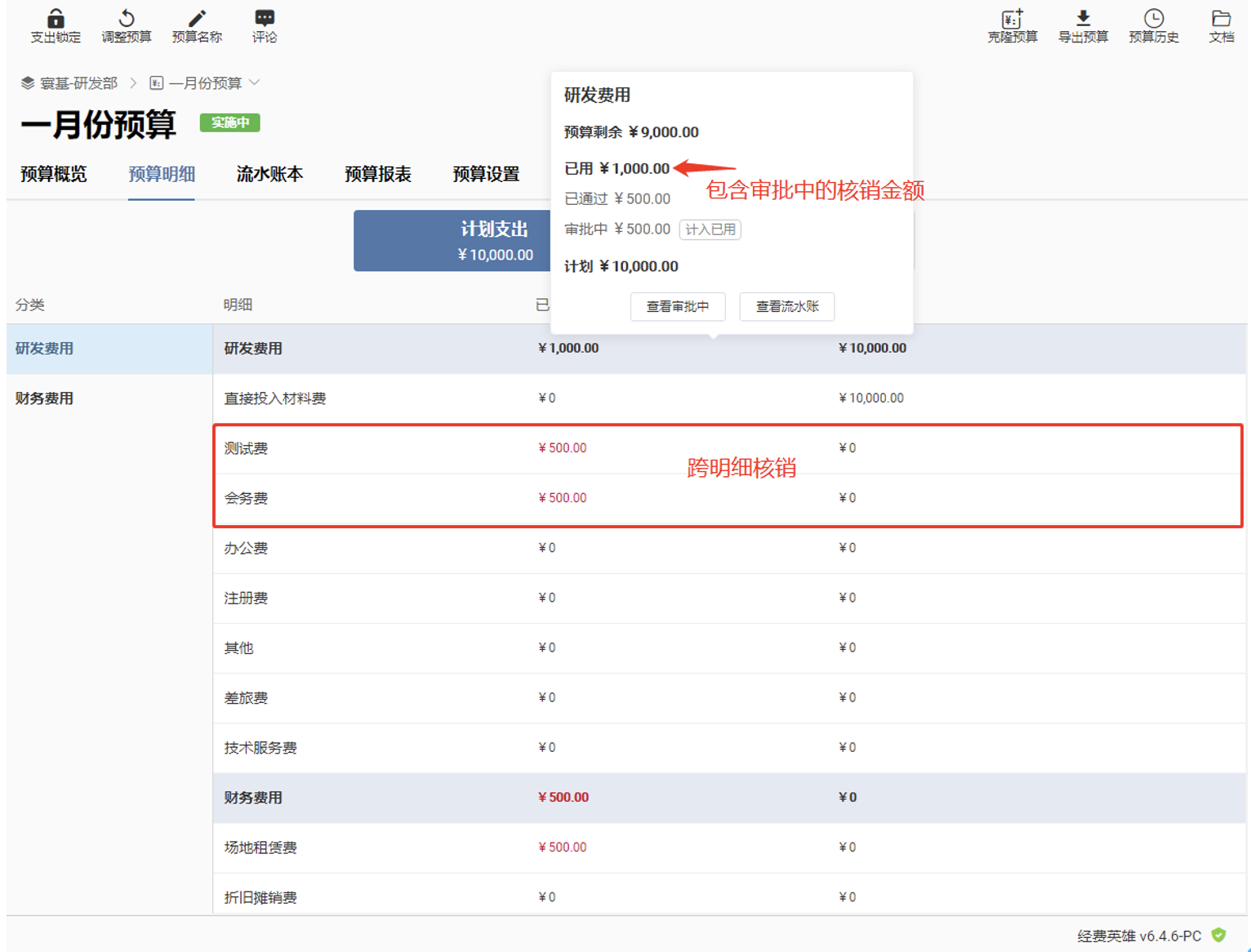 预算前扣设置时的跨明细核销