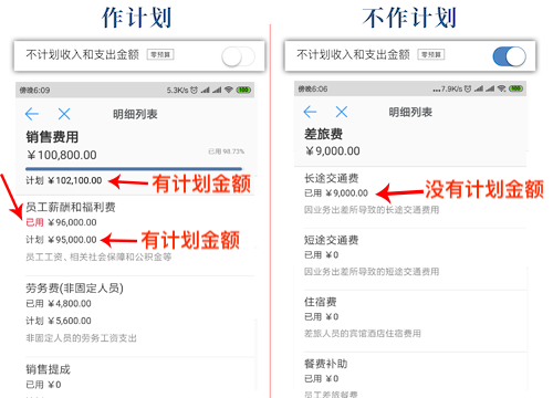 不计划收入和支出金额选项